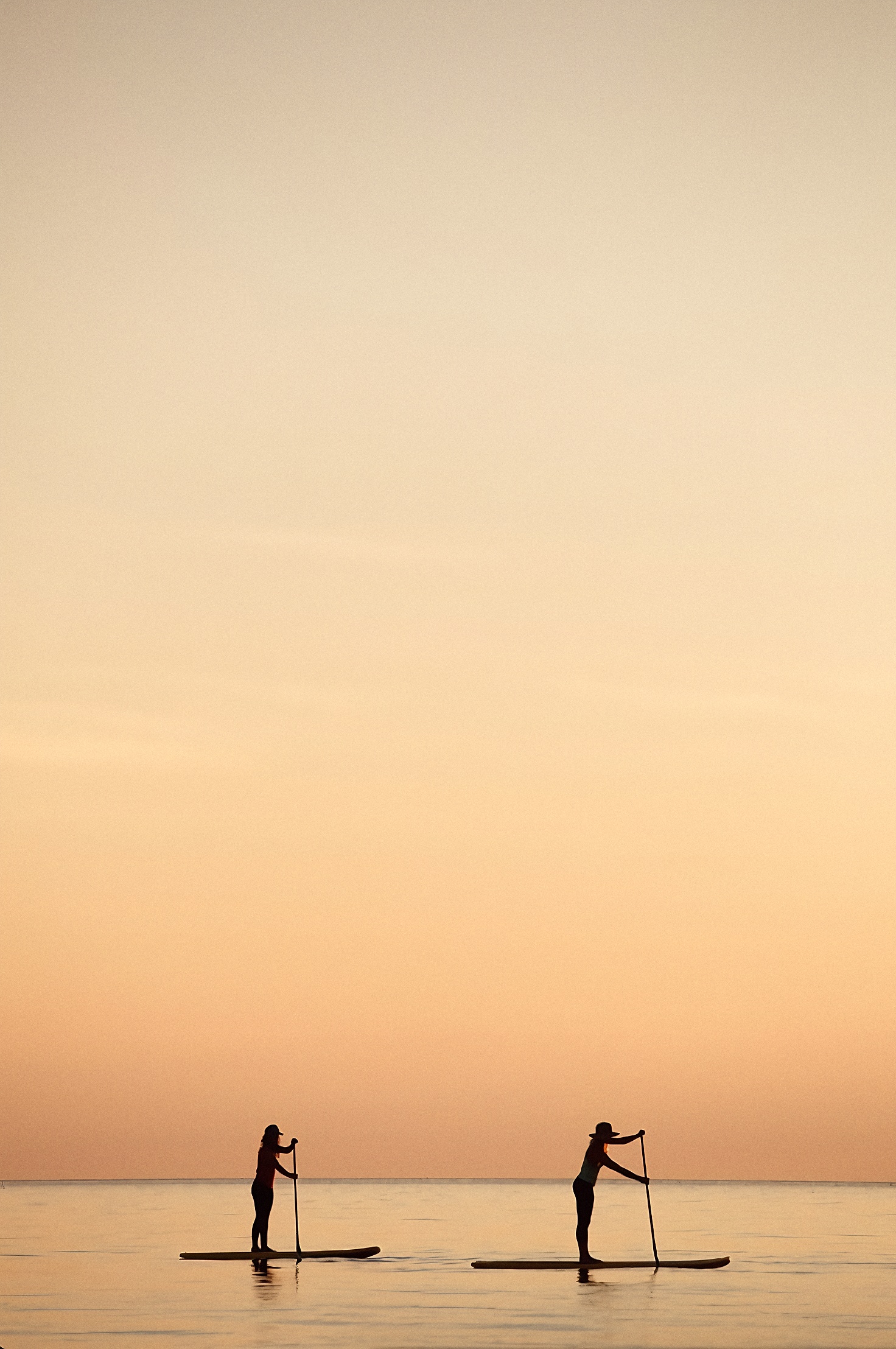 Two paddle-boarders silhouetted against a golden sunset sky over calm water